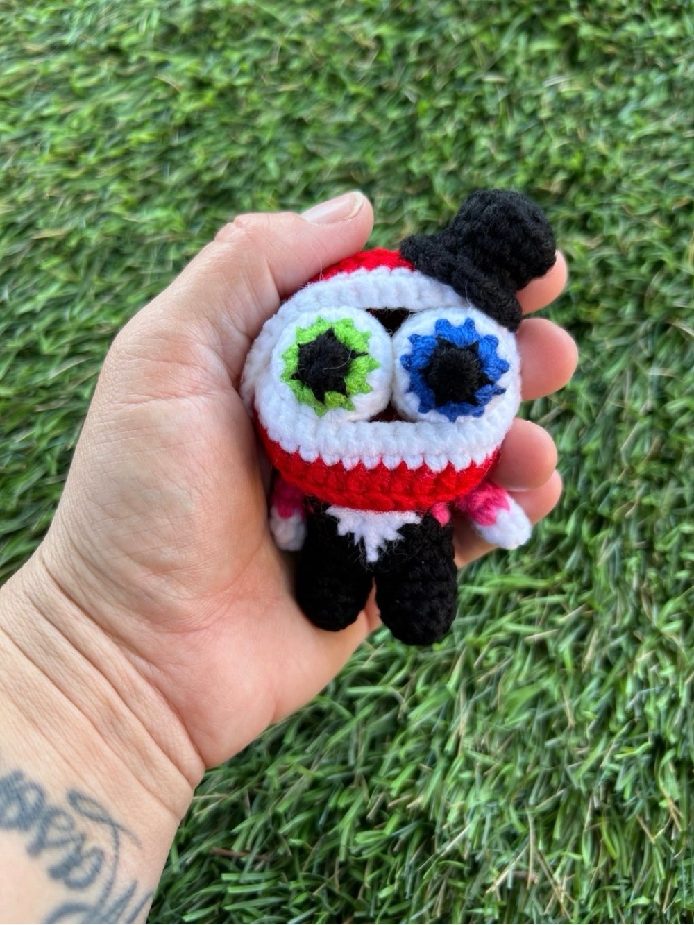 Handmade Red & Black Crochet Stuffed Monster Plush with Green and Blue Eyes